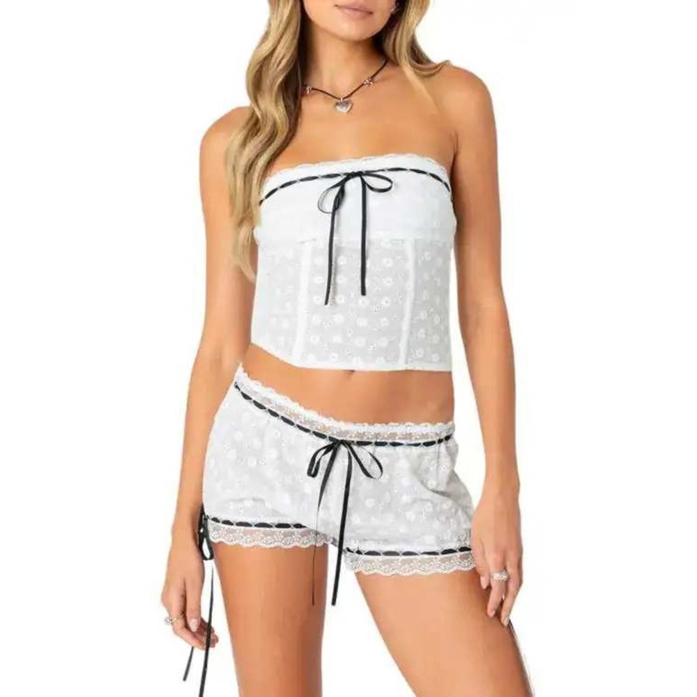Edikted Ribbon White Eyelet Lace Coquette Set Tube Top Ruffle Shorts XS/S